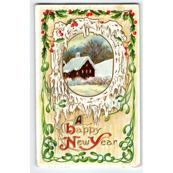 Vintage 1913 New Year Snowy Cabin Lithograph Postcard Divided Back - Picture 1 of 2